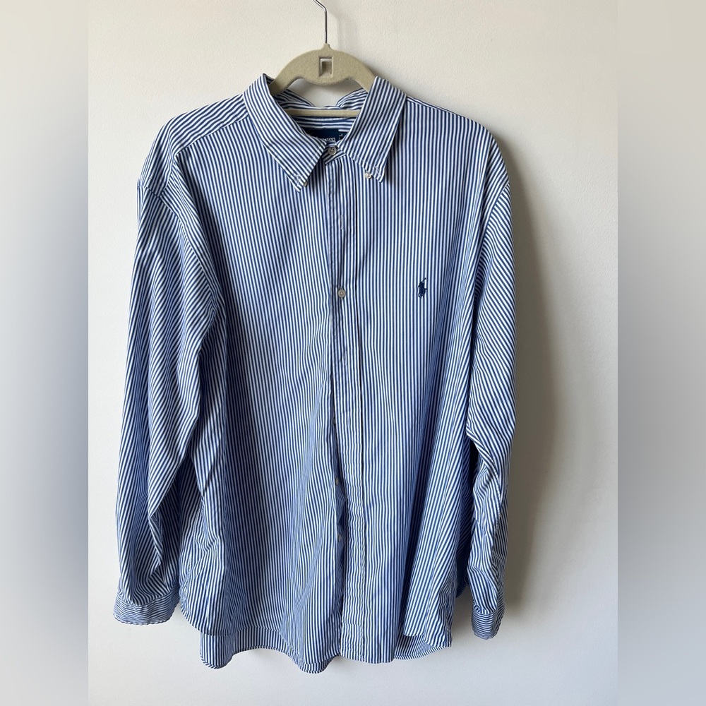 Ralph Lauren Striped Button-Down Shirt Men’s 17.5 34/35 Classic Fit Blue White